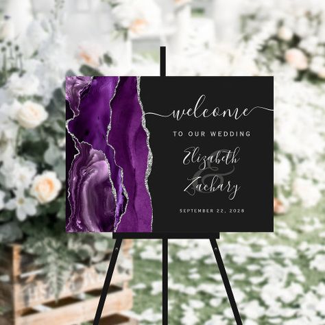 $44.20 | Agate Purple Silver Dark Wedding Welcome #wedding, welcome sign, elegant, modern, calligraphy script, dark, purple violet plum, silver glitter, watercolor agate geode, wpn048 Burgundy And Grey Wedding Decorations, Modern Wedding Welcome Sign, Taylor Wedding, Purple And Gold Wedding, Plum Wedding, Wedding Backyard, Backyard Reception, Elegant Modern Wedding, Agate Wedding