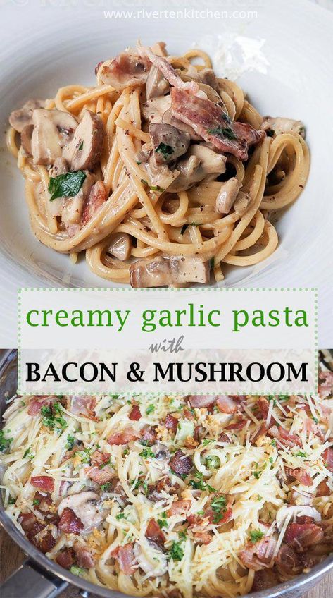 Bacon Mushroom Pasta, Bacon And Mushroom, Bacon Pasta Recipes, Pasta With Bacon, Creamy Garlic Pasta, Bacon Mushroom, Bacon Stuffed Mushrooms, Bacon Pasta, Garlic Pasta