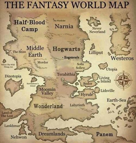 the fantasy world map. hogwarts, wonderland, panem, terabithia, land of the lost, utopia, Narnia, westeros. looooooove. Land Of The Lost, Fantasy World Map, Buku Harry Potter, Images Harry Potter, Fantasy Map, Fantasy Novel, Half Blood, Nerd Alert, 판타지 아트