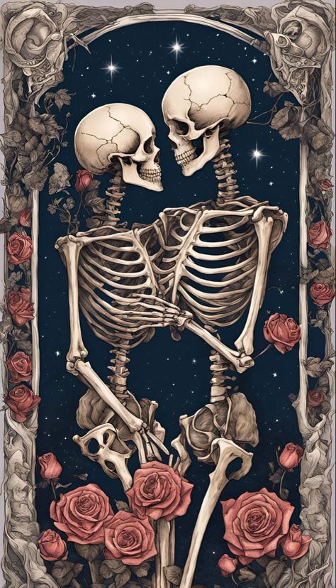 Two skull skeletons in love, in a tarot card art style Skeleton Love, The Lovers Tarot Card, Goth Tattoo, Collage Pictures, The Lovers Tarot, Skull Pictures, Tarot Cards Art, Skeleton Art, Skull Artwork