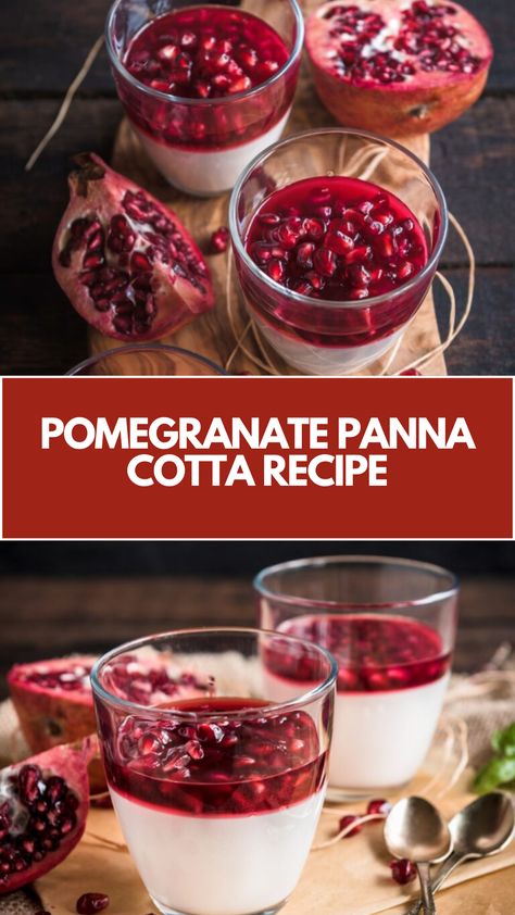 Pomegranate Panna Cotta Recipe made of creamy vanilla-flavored panna cotta infused with pomegranate juice, elegantly topped with pomegranate seeds it serves about 6 and takes about 15 minutes to prepare, plus chilling time of at least 4 hours. Pomegranate Panna Cotta, Recipe With Pomegranate, Christmas Panacota, Fruity Thanksgiving Desserts, Pomegranate Breakfast Recipes, Pomogranette Dessert, Recipes Using Pomegranate Seeds, Fresh Pomegranate Recipes, Pomegranate Dessert Recipes