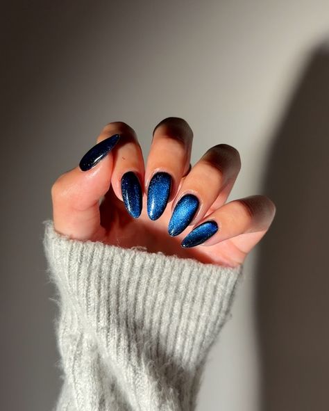 🌌🌌🌌 • @gelcare.official Patent Leather Black Midnight Velvet Sapphire • • • #nails #almondnails #bluenails #winternails #gelnails #naturalnails #gelcare #nailinspo Midnight Taylor Swift Nails, Midnight Blue And Silver Nails, Midnights Nails Taylor, Blue Velvet Nails, Short Christmas Nail Ideas, Simple Christmas Nail Ideas, Midnight Nails, Electric Blue Nails, Simple Christmas Nail Designs