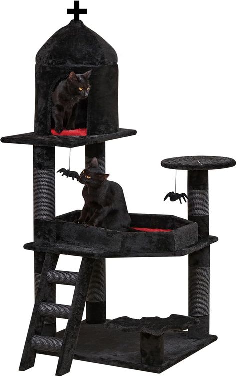 Using black and red plush fabric and black kraft twine covered scratching posts, the entire cat tower looks darker and more elegant. It is a cat furniture that can attract cat attention and a unique Halloween home decoration.
Coffin bed designed specifically for large cats: The coffin is 22 inches long and 8.6-15.7 inches wide, allowing your large cat to rest and play comfortably. includes bat shaped auxiliary tread, coffin shaped cat bed, spider web design on platform, metal spider play toys. Coffin Bed, Random Animals, Gothic Cat, Katt Grejer, Gothic Decor Bedroom, Bedroom Stuff, Cat Activity, Dark Home Decor, Goth Home