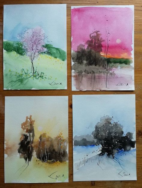 Matching Paintings, Winter Landscapes, Paintings Watercolor, Spring Summer Autumn Winter, 8x10 Art Prints, Paper Artwork, Tree Drawing, Free Graphics, Etsy Art