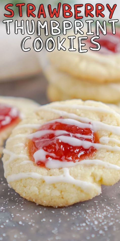 These are the yummiest strawberry thumbprint cookies! Super easy and delicious! Strawberry Thumbprint Cookies, Lemon Thumbprint Cookies, Holiday Baking List, Short Bread, Strawberry Pie Filling, Thumbprint Cookies Recipe, Easy Party Food, Party Plan, Strawberry Lemon