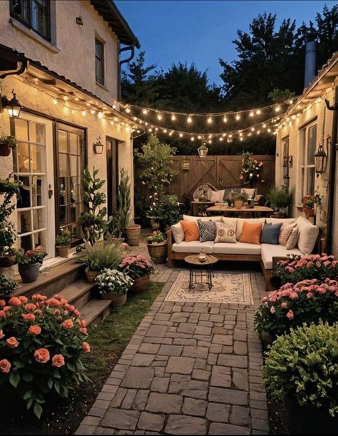 Cozy Home Outside, Farmhouse Patio Decorating Ideas, Tuscan Style Patio, Small Backyard Oasis, Patio Vibes, Cozy Fall Home, Plaid Pillows, Chunky Knit Blankets, Ideas For Autumn