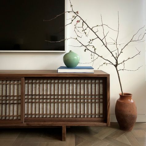 Japanese Interior Design Traditional, Walnut Media Console, Traditional Japanese Kitchen, Shoji Sliding Doors, Japan Furniture, Japanese Cabinet, Shoji Doors, Walnut Cabinet, Asian Furniture