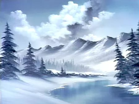 Blue Winter - The Joy of Painting S21E10 Bob Ross Art, Canvas Painting For Beginners, Winter Drawings, Bob Ross Paintings, Winter Landscape Painting, The Joy Of Painting, Painting For Beginners, Landscape Paintings Acrylic, Winter Painting