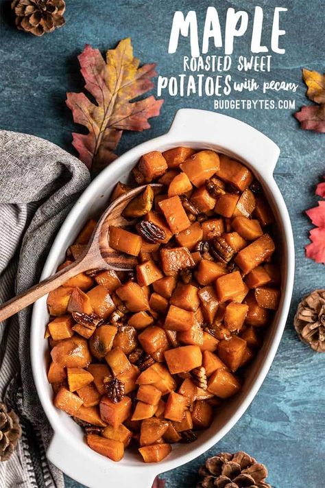 Sweet Potatoes With Pecans, Maple Sweet Potatoes, Sweet Potato Pecan, Yams Recipe, Candied Sweet Potatoes, Alton Brown, Thanksgiving Side, Thanksgiving Sides, Sweet Potato Casserole