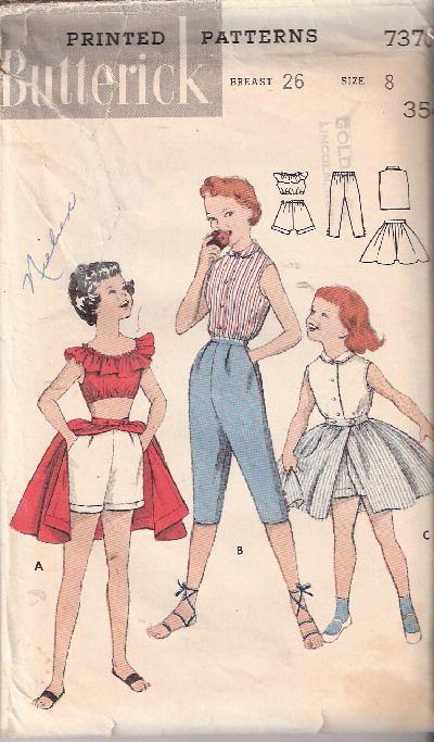 Mid Century Baby, Spring Summer Wardrobe, Childrens Sewing Patterns, Petal Pushers, Pedal Pushers, Sewing Patterns Girls, Skirt Crop, Butterick Pattern, Butterick Sewing Pattern