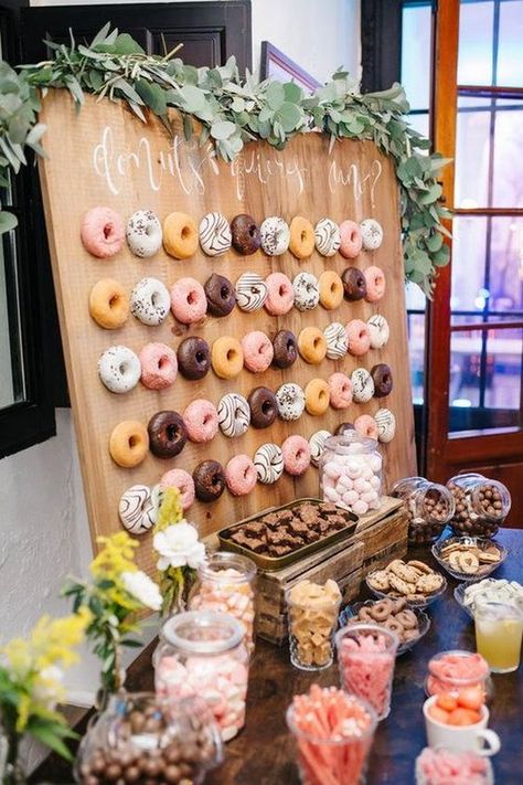 Creative Food Display Is Taking Over Weddings! | WedMeGood Wedding Dinner Table Decorations, Rustic Green Wedding, Donut Walls, Wedding Donuts, Donut Bar, Party Tips, Donut Wall, Dinner Table Decor, Party Food And Drinks