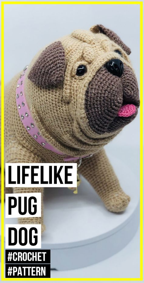 crochet Lifelike Pug Dog pattern - easy crochet amigurumi pattern for beginners Crochet Pug, Easy Crochet Amigurumi, Amigurumi For Beginners, Dog Crochet, Cat Amigurumi, Crochet Animals Free Patterns, Crochet Amigurumi Free, Crochet Dog, Dog Pattern