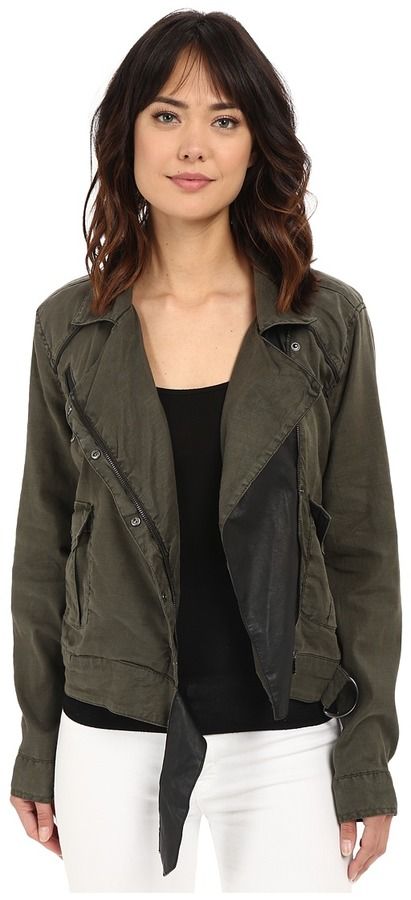 Blank NYC - Women's Olive Green Utility Jacket with Black Vegan Leather Detail Green Outerwear, Womens Utility Jacket, Faux Leather Motorcycle Jacket, Military Jacket Green, Green Utility Jacket, Vegan Leather Jacket, Leather Detail, Black Vegan, Leather Moto