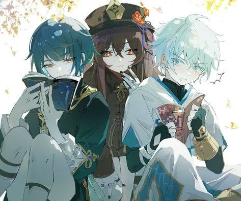 yueYuE on Twitter: "… " Hu Tao And Wanderer, Chongyun X Xingqiu Fan Art, Light Blue Eyes, Light Blue Hair, Hu Tao, Hypnosis Mic, Flower Hats, Funny Profile Pictures, Simple Backgrounds