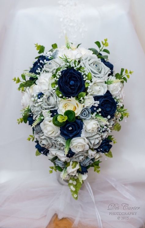 Navy, ivory , silver/grey artificial teardrop bridal bouquet. I made for my daughter. Blue Gold And White Wedding, Ivory Bridal Party, Different Color Roses, Gold And White Wedding, Blue Wedding Bouquet, Wedding Brides, Ivory Bridal, Brooch Bouquets, Gray Weddings