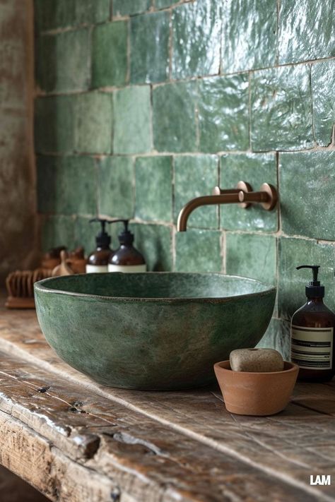 Green Nature Bathroom, Green And Natural Wood Bathroom, Colorful Tiles Bathroom, Nature Themed Bathroom, Medieval Bathroom, Nature Inspired Bathroom, Bathroom Inspiration Decor, Natural Home, Dream House Decor