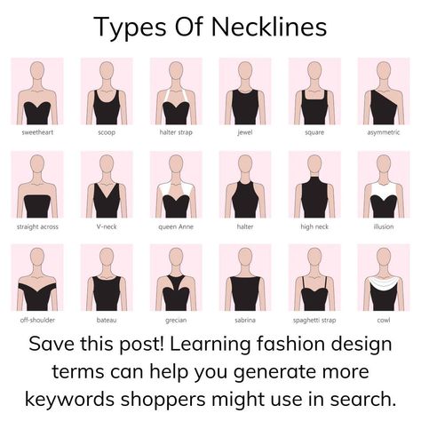 Vendoo: A Seller's Best Friend on Instagram: “Looking for some perfect keywords for your listing? Fashion savvy buyers will look for specifics so charts like this can help give you an…” Types Of Sweaters Chart, Clothing Descriptions, Types Of Sweaters, Fashion Keywords, Simple Capsule Wardrobe, Types Of Necklines, Style Chart, Fashion Dictionary, Stunning Prom Dresses