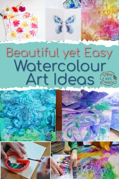 These watercolor painting ideas are ideal for preschoolers, kids and adults. Over 32 unique and simple watercolor techniques! Watercolor For Kindergarten, Mindful Doodles, Watercolour Art Ideas, Kid Art Projects, Easy Watercolor Painting Ideas, Art Ideas For Kids, Easy Watercolor Painting, Watercolor Painting Ideas, Arts And Crafts Interiors