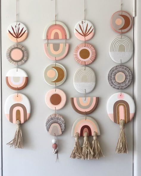 Boho Polymer Clay Decor, How To Make Clay Wall Hanging, Diy Air Dry Clay Wall Hanging, Air Dry Clay Projects To Sell, Clay Wall Hangings, Polymer Clay Wall Art Minimalistic, Clay Wall Hanging Handmade Ceramic, Clay Wall Hanging, Boho Crafts Diy