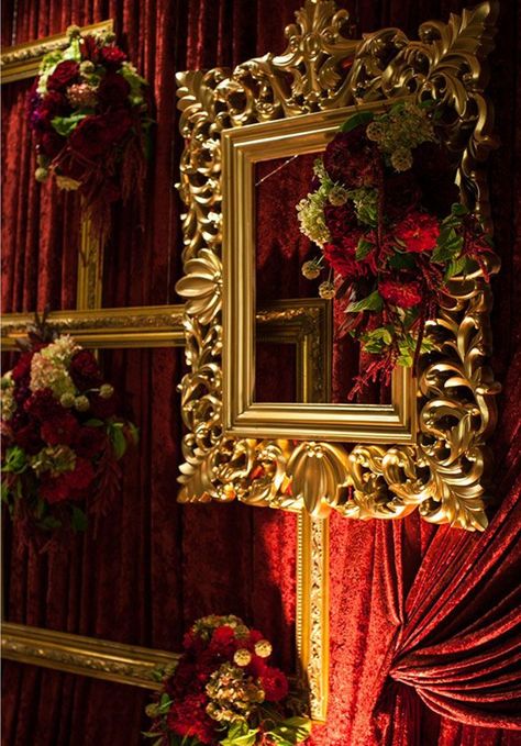 Photobooth Area? Red Sweet 16 Backdrop, Red And Gold Backdrop, Red And Gold Wedding, Pea Photography, Gold Wedding Decor, Red Gold Wedding, Gold Reception, Masquerade Prom, Beauty And Beast Wedding