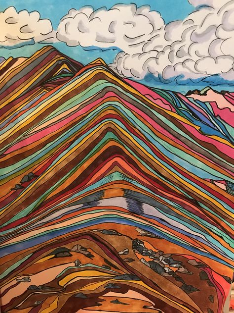 Rainbow mountains drawing  Alcohol marker and pen Art journal Rainbow Mountains Peru Painting, Alcohol Pens Art, Midliner Markers Drawing, Abstract Marker Drawing, Colorful Marker Drawing, Mountain Marker Drawing, Rainbow Mountain Painting, Peruvian Art Paintings, Oil Marker Art