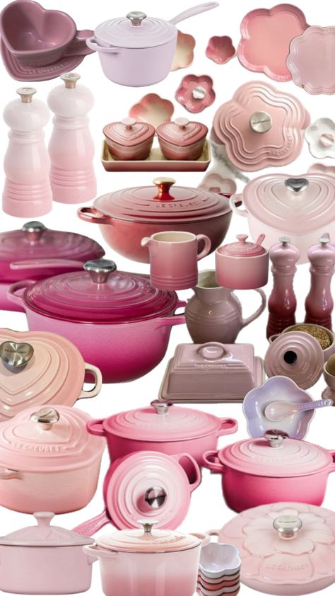 Pink Le Creuset Pots and Pans collage aesthetic rose color kitchenware and cookware Pink Le Creuset, Le Creuset Pots, Aesthetic Rose, Le Creuset, Rose Color, Pots And Pans, Cookware, Collage, Pink