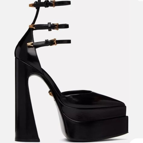 Versace Medusa Aevitas Black Leather Pointed Strappy Platform Pumps. Brand New. Open Box. Size 37. Versace Heels, Versace Shoes, Platform Pumps, Open Box, Versace, High Heels, Black Leather, Size 7, Pumps