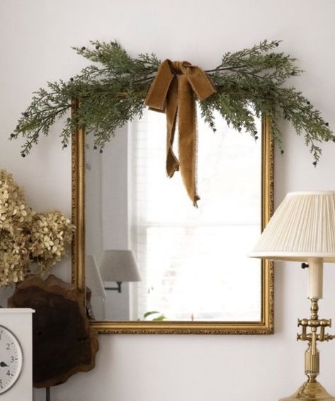 Christmas Stalking Ideas, Back Of Chair Wreath, Mismatched Stockings Christmas, Thanksgiving Decorations Mantle, Christmas Built In Decor, Christmas Mantle Simple, Garland On Table, Decorating Mirror For Christmas, Elegant Simple Christmas Decor