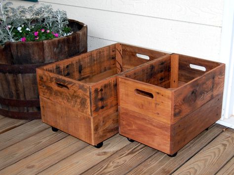 This Medium Rolling Looney Bin Crate is a fun way to store your stuff...Use it for just about ANYTHING in just about ANY ROOM of your home!    Combine it with our Large Rolling Looney Bin seen in the last photo...Check it out in our store:  https://www.etsy.com/listing/102573266/large-rolling-crate-from-recycled-pallet?ref=v1_other_1      ~~~OVERALL SIZE~~~  18 length x 12 width x 12 height with casters not to exceed 14 in height    ~~~FINISH~~~  This Crate is stained with Cherry #235 and th... Crates On Wheels, Diy Box Storage, Christmas Diy Sewing, Lay Baby Lay, Book Bin, White Wood Floors, Book Bins, Chalk Pencil, Dog House Diy