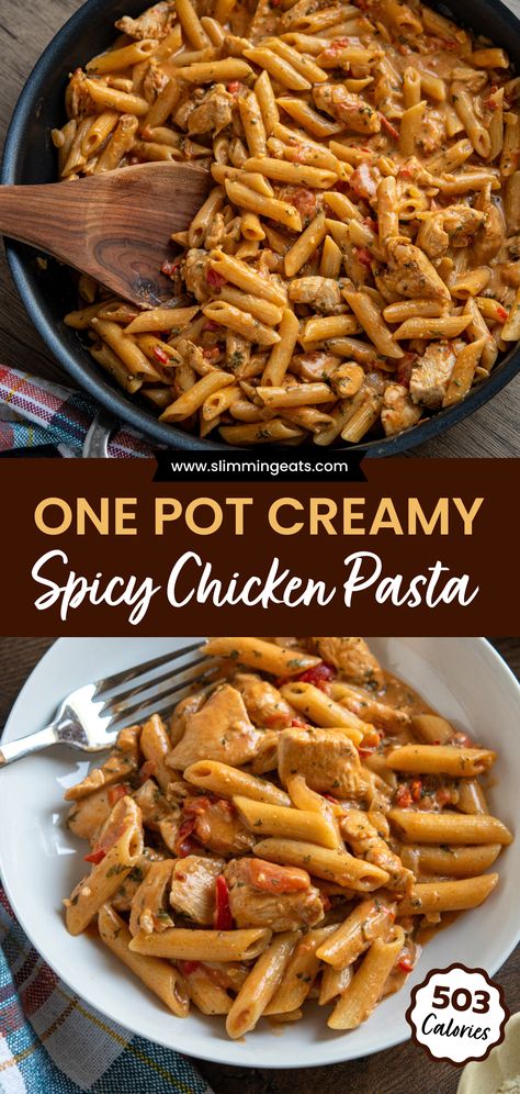 Enjoy this One Pot Creamy Spicy Chicken Pasta - 503 calories per serving and 50g of protein. It is a delicious blend of tender spicy chicken with garlic, juicy tomatoes, and sweet red peppers, all coated in a rich, creamy sauce. Creamy Spicy Chicken, Spicy Pasta Recipes, Spicy Chicken Pasta, Vodka Sauce Pasta, Red Pasta, Chicken With Garlic, Creamy Tomato Pasta, Red Pepper Pasta, Spicy Pasta