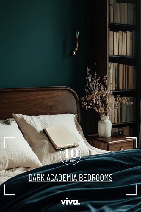 ♥ Are you dreaming of a luxurious Dark Academia Bedroom? Explore the allure of this Modern Classic Bedroom with rich textures, dark wood bookcase decor, and a cozy velvet bed. Transform your space into a sophisticated sanctuary with warm minimalist tones and contemporary cozy elements. Perfect for lovers of dark bedroom aesthetics and romantic interior designs. #darkbedroom #darkacademia #luxuryhomedecor 🖤 Layered Textiles, Classic Bookshelves, Terracotta Walls, Dark Academia Bedroom, Academia Bedroom, Moody Lighting, Carved Headboard, Dried Botanicals, Rich Earth Tones