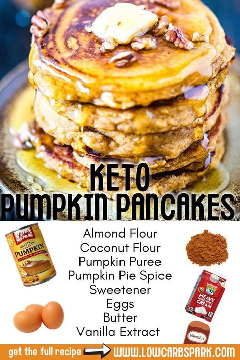 These keto pumpkin pancakes are thick, fluffy, perfect for a delicious fall breakfast. Made with coconut flour and almond flour, enjoy paleo pancakes that are naturally gluten-free and low cab. Keto Pumpkin Pancakes, Low Carb Pumpkin Pancakes, Paleo Pumpkin Pancakes, Pancakes Low Carb, Low Carb Smoothie Recipes, Pumpkin Spice Pancakes, Almond Flour Pancakes, Paleo Pancakes, Pumpkin Pancake Recipe