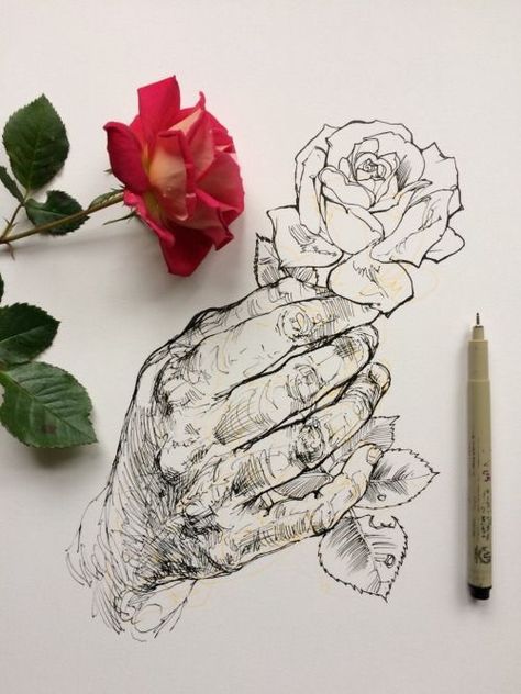 Watercolour Hands, List Of Drawing Ideas, Noel Badges Pugh, Hand Studies, Drawing Ideas Creative, Holding A Rose, Pencil And Pen, Rose Patterns, Arte Sketchbook