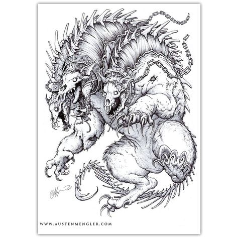 Cerberus - Signed A3 Print Cerberus Drawing, Zombie Monster, Body Template, Creepy Drawings, Wacom Intuos, Dark Tattoo, Online Job, Scary Art, Creepy Art