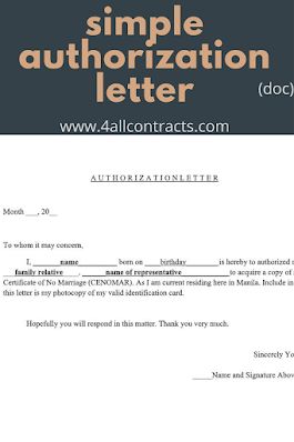 Letter for authorizationFind here an example of sample authorization letter to download in doc format. Authorization Letter Sample For Claim, Authorization Letter To Claim Money, No Marriage, Consent Letter, Authorization Letter, Room Rental Agreement, To Whom It May Concern, Wedding Photography Contract, Rent To Own Homes