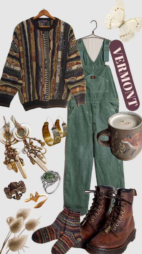 Overalls And Docs Outfit, Pottery Overalls, Vermont Style Outfits, Fall Vermont Outfit, Goblincore Winter Outfits, Overalls Women Outfits, Vermont Fashion, Portland Oregon Aesthetic Clothes, Goblin Core Winter Outfits