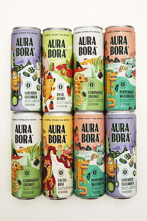 Aura Bora packaging - Fonts In Use Beverage Aesthetic, Water Bottle Packaging, Cucumber Basil, Aesthetic Branding, Cactus Rose, Fruits And Flowers, Color Design Inspiration, Branding Inspo, Tea Brands