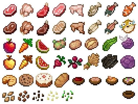 Minecraft Food Pixel Art, Minecraft Texture Pack Ideas, Pixel Sprite Sheet, Pixel Art Sprite Sheet, Minecraft Sprites, Diy Minecraft Decorations, Minecraft Textures, Pixel Art Food, Minecraft Texture Pack