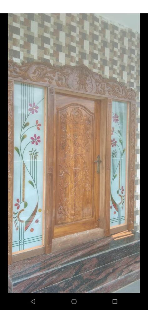 Gummalu Designs, Staircase Glass Design, Main Door Lock, Staircase Glass, Floral Illustration Vintage, Glass Corner Shelves, Window Glass Design, Wooden Main Door Design, Wooden Main Door