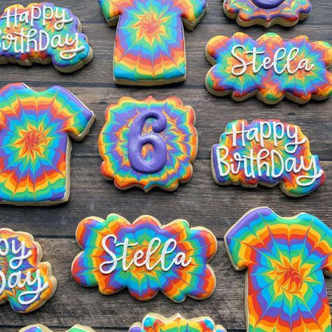 Double Digit Birthday Ideas, Pride Cookies, Camping Cookies, Tie Dye Birthday Party, Tie Dye Birthday, Tie Dye Party, Happy 6th Birthday, Pool Birthday Party, Cookie Inspiration