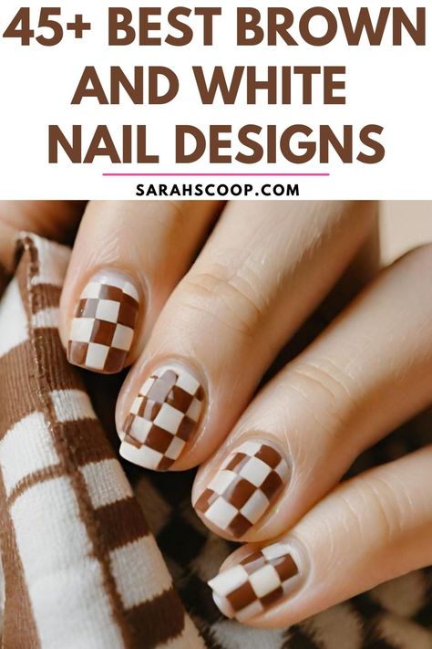 Explore the world of elegance and sophistication with our list of 45+ best brown and white nail designs. Perfect for any occasion! #NailArt #BrownWhiteNails #NailDesigns #NailIdeas #ManicureMagic Square Checkered Nails, Brown Checkered Nails, Brown And White Nails, Brown Nail Ideas, Burberry Nails, Checkered Nails, Cat Nail Art, Feather Nails, Brown Nail