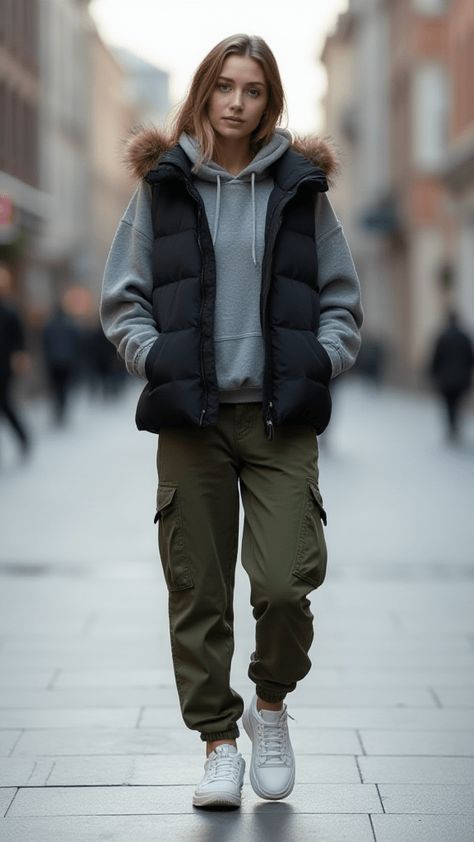 Woman in puffer vest, hoodie, and cargo pants on city street Hoodies With Vests Outfits, Cargo Pants Cold Weather Outfit, Cargo Vest Outfits For Women, Hoodie And Vest Outfit, Winter Cargo Pants Outfit, Hoodie And Vest, Puffer Vest Outfit Winter, Winter Cargo Pants, Cargo Pants Outfit Winter