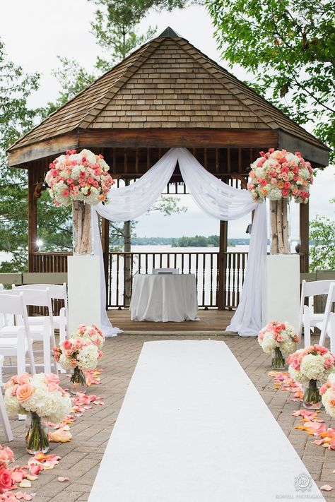 Lakeside Taboo Resort Wedding  Read more - http://www.stylemepretty.com/canada-weddings/ontario/muskoka/2014/01/28/lakeside-taboo-resort-wedding/ Gazebo Wedding Decorations, Wedding Setup, Wedding Ceremony Ideas, Gazebo Wedding, Wedding Event Design, Lakeside Wedding, Coral Wedding, Outdoor Wedding Decorations, Aisle Decor