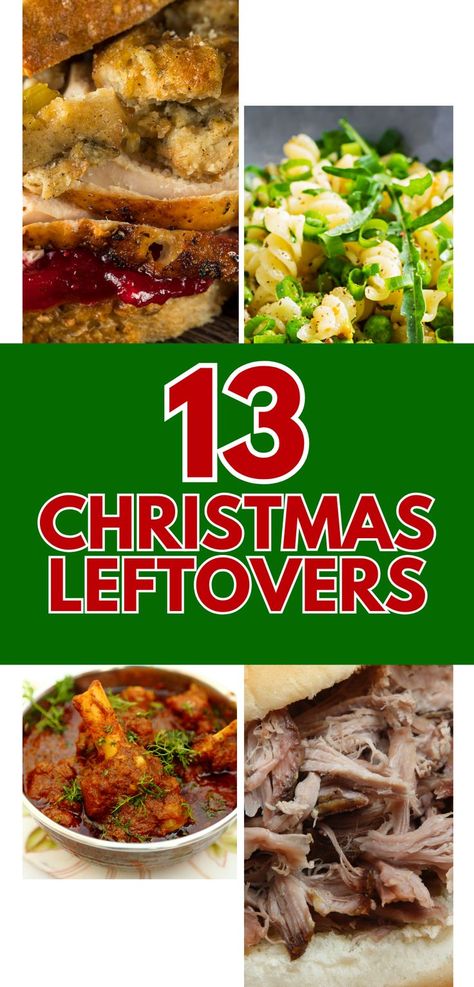 Image showcasing creative Christmas leftover recipes with vibrant dishes. Highlights include a turkey and cranberry stuffing sandwich, a pasta salad with green peas and fresh herbs, a hearty lamb stew garnished with thyme, and a pulled pork sandwich. The design uses festive red and green colors to emphasize holiday leftovers turned into delicious meals. Perfect for reimagining Christmas dishes into flavorful creations. Christmas Leftover Ideas, Ham Breakfast Sandwich, Christmas Leftovers Recipes, Leftover Pie, Christmas Leftovers, Ham Breakfast, Leftover Food, Holiday Leftovers, Comforting Soup