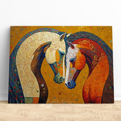 Gustav Klimt style canvas print wall art of Horses in love, Ready to hang gallery style wall art, High quality canvas art, abstract artwork https://etsy.me/3AHD4NR #contemporary #canvasprint #stretchedcanvas #readytohangcanvas #highqualitycanvas #walldecor #uniquegift Horses In Love, Canvas Art Abstract, Gustav Klimt, Texture Art, Print Wall Art, Art Abstract, Print Wall, Canvas Print Wall, Wall Prints