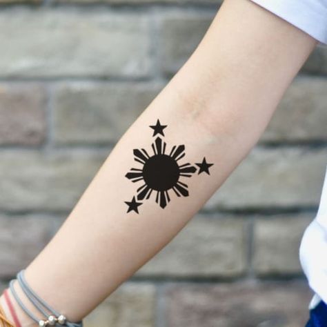 Philippine Flag Tattoo Design, 3 Stars And A Sun Tattoo Filipino, Thinking Tattoo, Stammestattoo Designs, Simple Compass, Mens Tattoos, Flag Tattoos, Hands Tattoo, Disney Sleeve