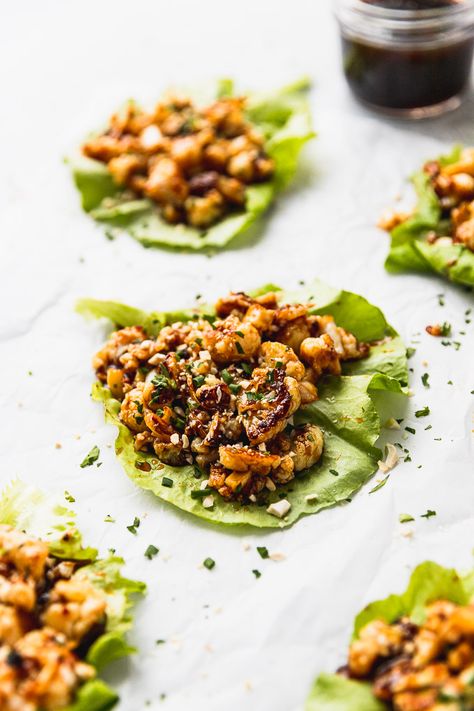 Spicy Teriyaki Cauliflower Lettuce Wraps Cauliflower Lettuce Wraps, Spicy Teriyaki Sauce, Asian Cauliflower, Teriyaki Cauliflower, Vegetarian Lettuce Wraps, Vegetarian Asian, Asian Chicken Lettuce Wraps, Asian Lettuce Wraps, Healthy Asian