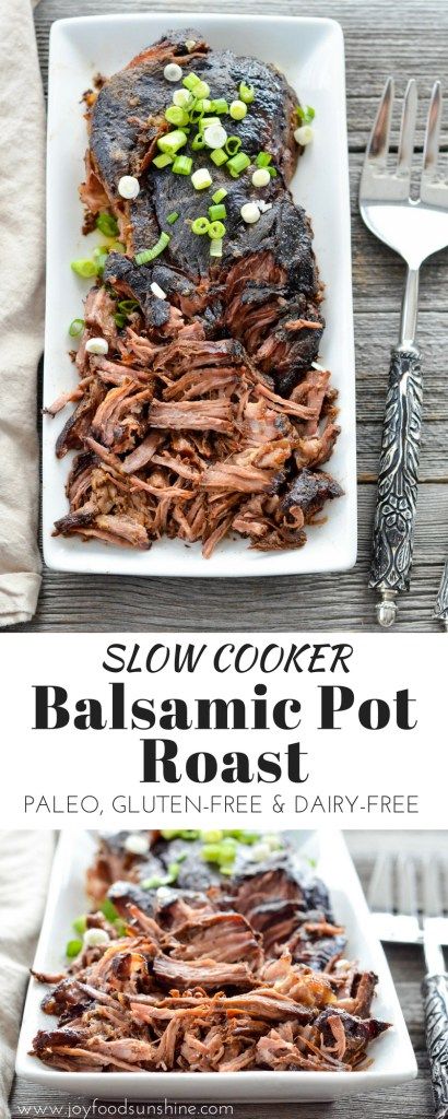 Slow Cooker Balsamic Pot Roast! Easy, healthy make-ahead main dish recipe for your holiday celebrations! Paleo, gluten-free & dairy-free! Homemade Holidays! Pot Roast Easy, Balsamic Pot Roast, Slow Cooker Shredded Beef, Shredded Beef Recipes, Slow Cooker Pot Roast Recipes, Beef Crockpot, Primal Living, Paleo Slow Cooker, Paleo Crockpot