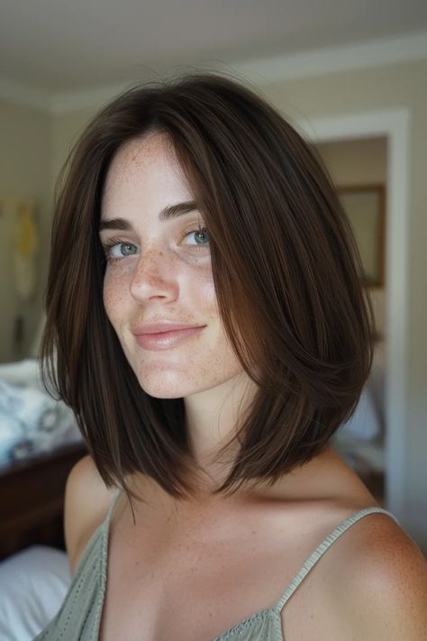 Shoulder Length Bob Straight, Short Dark Brown Hair Bob Shoulder Length Layered Hairstyles, Straight Shoulder Length Hair Round Face, Round Face Haircuts Straight Hair, Straight Hair Bob Haircut, Medium Haircut Straight Hair, Above The Shoulder Length Hair, Fine Hair Round Face Hairstyles, Straight Shoulder Length Hair With Layers