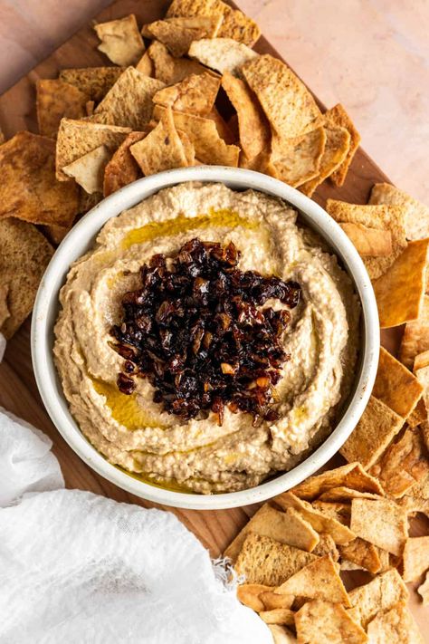 Homemade Caramelized Onion Hummus | Toshi's Table Onion Hummus, Retreat Food, Chickpea Dip, Eggplant Sandwich, White Bean Hummus, Balsamic Onions, Hummus Recipe Homemade, How To Cook Beans, Homemade Hummus